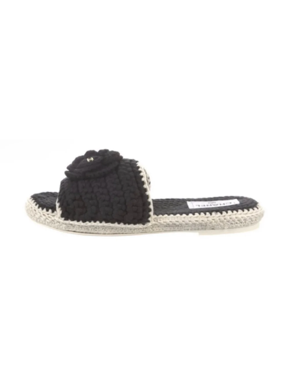 Chanel Crochet Camellia Flower Slide Sandals Black Beige 7/37